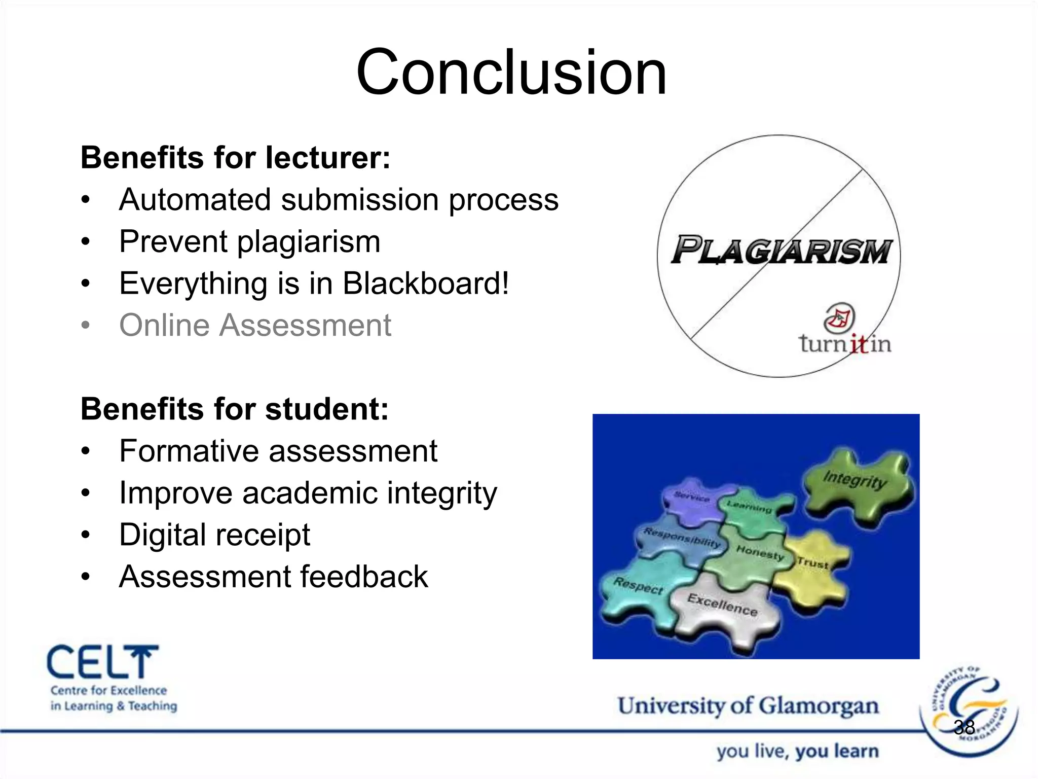 2. To interpret the originality report1. The Originality Report is separated into three main  sections in the default view: Top section: a summary of the assignment and submission information.Left section: assignment text with highlighted area for potential plagiarism detected (Note: exclude quoted or exclude bibliography). Right section: information about sources which match the text. 2. The functions for excluding material are approximate and human judgement has to be used to determine if this is a case of poor referencing (which would get a poor mark) or plagiarism which is an academic offence.3. Quotations can only be excluded if the quotation is shown with block-indentation or with quotation marks (“”) at the start and end.25
