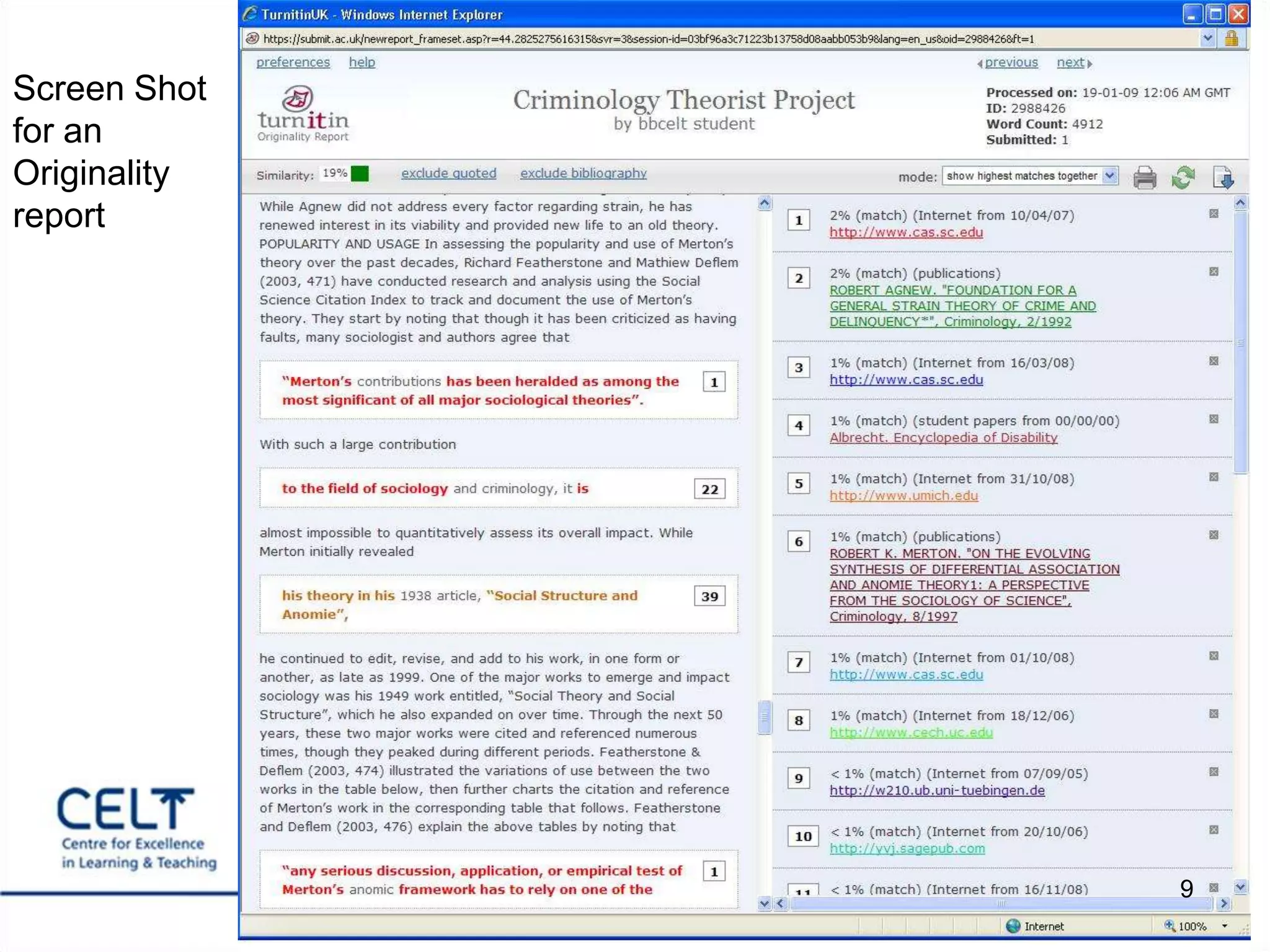 9Screen Shot for an Originality report 