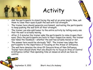 Activity Ask the participants to stand facing the wall at an arms length. Now, ask them to close their eyes & push the wall with full strength. The trainer here should generate excitement ,motivating the participants to keep pushing the wall with all their strength. The trainer can also add humor to the entire activity by telling every one that the wall is actually moving. After 2-3 minutes the trainer asks the participants to relax & open their eyes. Once the participants are back to their respective seats, the trainer now takes the feedback – whether the wall has actually moved or not. The answer here would be obviously “NO". The trainer now takes the participants to the importance of focusing on the Areas of Influence. The wall here denotes the Area Of Concern/Area of Non-Influence. Trainer here should state that one should try to focus on Area of Control & Influence rather than spending time on issues on which we have no control. 