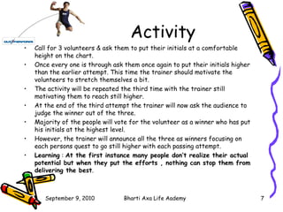 Activity Call for 3 volunteers & ask them to put their initials at a comfortable height on the chart. Once every one is through ask them once again to put their initials higher than the earlier attempt. This time the trainer should motivate the volunteers to stretch themselves a bit. The activity will be repeated the third time with the trainer still motivating them to reach still higher. At the end of the third attempt the trainer will now ask the audience to judge the winner out of the three. Majority of the people will vote for the volunteer as a winner who has put his initials at the highest level. However, the trainer will announce all the three as winners focusing on each persons quest to go still higher with each passing attempt. Learning  :  At the first instance many people don’t realize their actual potential but when they put the efforts , nothing can stop them from delivering the best . 