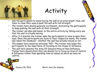 Activity
•
•
•
•
•
•

Ask the participants to stand facing the wall at an arms length. Now, ask
them to close their eyes &...