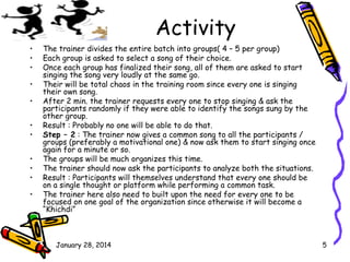 Activity
•
•
•
•
•
•
•
•
•
•
•

The trainer divides the entire batch into groups( 4 – 5 per group)
Each group is asked to ...