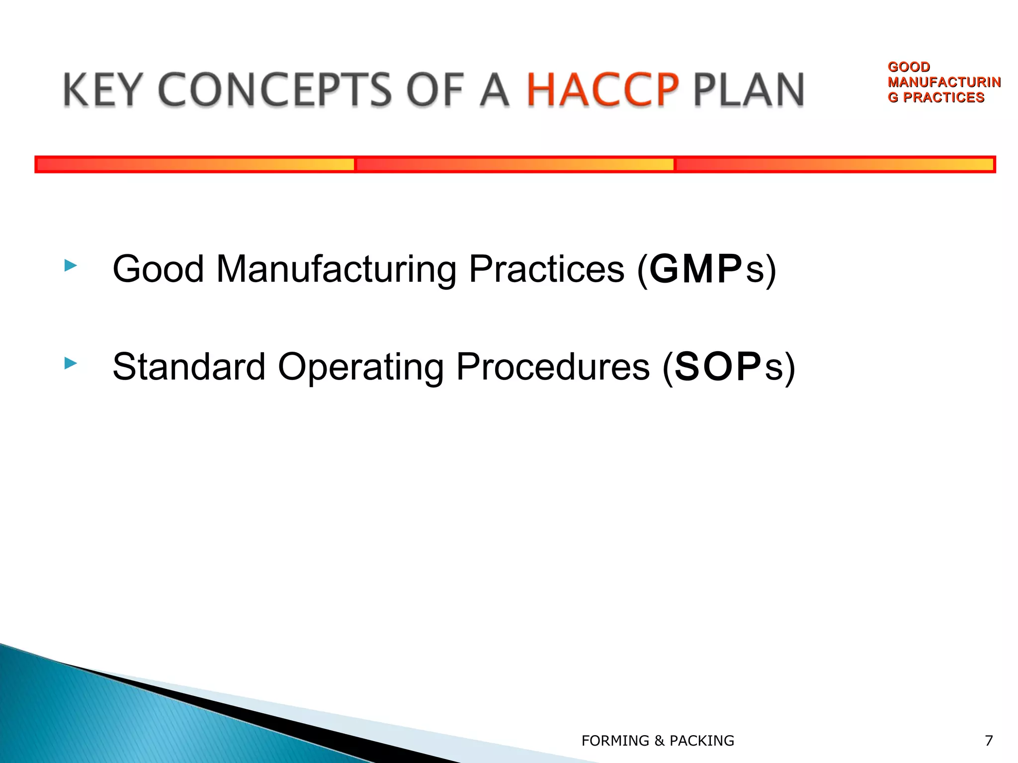 GOOD
MANUFACTURIN
G PRACTICES



Good Manufacturing Practices (GMPs)



Standard Operating Procedures (SOPs)

FORMING & PACKING

7

 