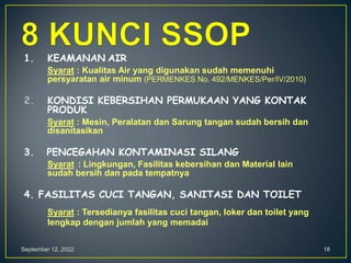 September 12, 2022 18
1. KEAMANAN AIR
Syarat : Kualitas Air yang digunakan sudah memenuhi
persyaratan air minum (PERMENKES No. 492/MENKES/Per/IV/2010)
2. KONDISI KEBERSIHAN PERMUKAAN YANG KONTAK
PRODUK
Syarat : Mesin, Peralatan dan Sarung tangan sudah bersih dan
disanitasikan
3. PENCEGAHAN KONTAMINASI SILANG
Syarat : Lingkungan, Fasilitas kebersihan dan Material lain
sudah bersih dan pada tempatnya
4. FASILITAS CUCI TANGAN, SANITASI DAN TOILET
Syarat : Tersedianya fasilitas cuci tangan, loker dan toilet yang
lengkap dengan jumlah yang memadai
 
