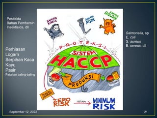 September 12, 2022 21
Pestisida
Bahan Pembersih
Insektisida, dll
Perhiasan
Logam
Serpihan Kaca
Kayu
Pasir
Patahan baling-baling
Salmonella, sp
E. coli
S. aureus
B. cereus, dll
 