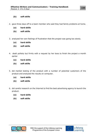 Effective Writers and Communicators - Training Handbook
Module 3: It’s A Deal
-159-
With the support of the Lifelong Learning
Programme of the European Union
(b) soft skills
2. gave three days off to a team member who said they had family problems at home.
(a) hard skills
(b) soft skills
3. analyzed her own feelings of frustration that the project was going too slowly.
(a) hard skills
(b) soft skills
4. dealt politely but firmly with a request by her boss to finish the project a month
earlier
(a) hard skills
(b) soft skills
5. did market testing of the product with a number of potential customers of the
product and analyzed the results on computer.
(a) hard skills
(b) soft skills
6. did careful research on the Internet to find the best advertising agency to launch the
product.
(a) hard skills
(b) soft skills
 
