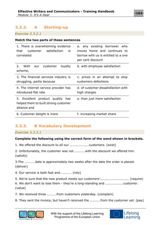 Effective Writers and Communicators - Training Handbook
Module 3: It’s A Deal
-163-
With the support of the Lifelong Learning
Programme of the European Union
3.3.2. A Starting-up
Exercise 3.3.2.1
Match the two parts of these sentences
1. There is overwhelming evidence
that customer satisfaction is
correlated
a. any existing borrower who
moves home and continues to
borrow with us is entitled to a one
per cent discount
2. With our customer loyalty
scheme,
b. with employee satisfaction
3. The financial services industry is
struggling, partly because
c. prices in an attempt to stop
customers defections
4. The internet service provider has
introduced flat rate
d. of customer dissatisfaction with
high charges
5. Excellent product quality has
helped them to built strong customer
alliance and
e. than just mere satisfaction
6. Customer delight is more f. increasing market share
3.3.3. B Vocabulary Development
Exercise 3.3.3.1
Complete the following using the correct form of the word shown in brackets.
1. We offered the discount to all our ..................customers. (exist)
2. Unfortunately, the customer was not ..........with the discount we offered him.
(satisfy)
3.The ..........date is approximately two weeks after the date the order is placed.
(deliver)
4. Our service is both fast and........... (rely)
5. We’re sure that the new product meets our customers’........................... (require)
6. We don’t want to lose them - they’re a long-standing and .................customer.
(value)
7. We received three .........from customers yesterday. (complain)
8. They sent the invoice, but haven’t received the ..........from the customer yet. (pay)
 