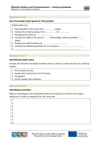 Effective Writers and Communicators - Training Handbook
Module 4: Let’s Have A Project
-195-
With the support of the Lifelong Learning
Programme of the European Union
Exercise 4.1.4.6
Now formulate smart goals for this project:
Project goals are:
1. Opening/start of the camp site: …………………(date)
2. Having the camping season from ……………….. till ……………..
3. Managing the camp by ……………………………
4. Training the staff of the camp in ……… (Knowledge, skills) and before …….
(date)
5. Guiding the staff members by …………………………………………
6. Creating the following facilities for the campers:…………………………………………..
7. …………………………………………………………………………………………………………………..
Exercise 4.1.4.7
Identifying target users
Choose and describe the target audience that you want to reach with the city camping
project:
1. Rich foreign tourists
2. People who haven’t got a lot of money
3. Youngsters
4. Senior people with caravans.
Exercise 4.1.4.8
Identifying activities
Make a chronological list of activities which are necessary to achieve the project
objectives in order to establish the city camp site:
1.
2.
3.
4.
5.
6.
7.
8..
 