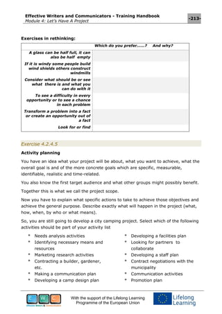Effective Writers and Communicators - Training Handbook
Module 4: Let’s Have A Project
-213-
With the support of the Lifelong Learning
Programme of the European Union
Exercises in rethinking:
Which do you prefer……? And why?
A glass can be half full, it can
also be half empty
If it is windy some people build
wind shields others construct
windmills
Consider what should be or see
what there is and what you
can do with it
To see a difficulty in every
opportunity or to see a chance
in each problem
Transform a problem into a fact
or create an opportunity out of
a fact
Look for or find
Exercise 4.2.4.5
Activity planning
You have an idea what your project will be about, what you want to achieve, what the
overall goal is and of the more concrete goals which are specific, measurable,
identifiable, realistic and time-related.
You also know the first target audience and what other groups might possibly benefit.
Together this is what we call the project scope.
Now you have to explain what specific actions to take to achieve those objectives and
achieve the general purpose. Describe exactly what will happen in the project (what,
how, when, by who or what means).
So, you are still going to develop a city camping project. Select which of the following
activities should be part of your activity list
* Needs analysis activities
* Identifying necessary means and
resources
* Marketing research activities
* Contracting a builder, gardener,
etc.
* Making a communication plan
* Developing a camp design plan
* Developing a facilities plan
* Looking for partners to
collaborate
* Developing a staff plan
* Contract negotiations with the
municipality
* Communication activities
* Promotion plan
 