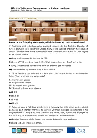 Effective Writers and Communicators - Training Handbook
Module 1: Think Before You Write
-30-
With the support of the Lifelong Learning
Programme of the European Union
Exercise 1.1.3.2 (concluding)
Based on the following statements, which is the correct conclusion drawn?
1) Engineers need to be licensed as qualified engineers by the Technical Chamber of
Greece (TCG) in order to work in Greece. Many of the qualified engineers have studied
abroad. Some of those who studied abroad have taken additional exams for their degree
to be valid in Greece.
A) Only engineers can be licensed by TCG
B) Some of TCG members have finished their studies in a non- Greek university
C) Only those studied abroad have taken an exam to get the license
D) Those licensed by TCG can only work in Greece.
2) Of the following two statements, both of which cannot be true, but both can also be
false. Which are these two statements?
I. All girls wear glasses
II. No girl wears glasses
III. Some girls wear glasses
IV. Some girls do not wear glasses
A) I & II
B) III & IV
C) I & III
D) II & IV
3) Craig works as a full- time employee in a company that sells home- delivered diet
packages. Each Monday morning, he delivers 20 meal packages to customers in his
neighborhood. If Craig is not able to deliver the meals, Alex, a part-time employee in
this company, is responsible to deliver the packages for him in this area.
A) It takes Craig the whole Monday morning to deliver the meal packages.
B) Craig and Alex know each other.
 