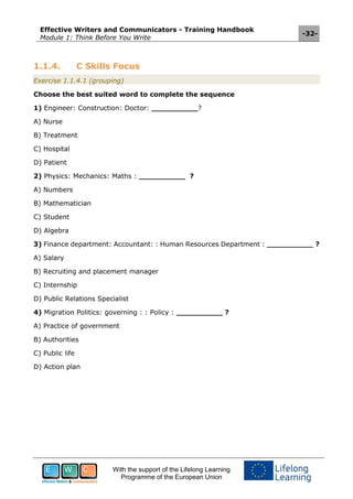 Effective Writers and Communicators - Training Handbook
Module 1: Think Before You Write
-32-
With the support of the Lifelong Learning
Programme of the European Union
1.1.4. C Skills Focus
Exercise 1.1.4.1 (grouping)
Choose the best suited word to complete the sequence
1) Engineer: Construction: Doctor: __________?
A) Nurse
B) Treatment
C) Hospital
D) Patient
2) Physics: Mechanics: Maths : __________ ?
A) Numbers
B) Mathematician
C) Student
D) Algebra
3) Finance department: Accountant: : Human Resources Department : __________ ?
A) Salary
B) Recruiting and placement manager
C) Internship
D) Public Relations Specialist
4) Migration Politics: governing : : Policy : __________ ?
A) Practice of government
B) Authorities
C) Public life
D) Action plan
 