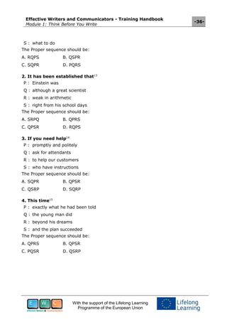 Effective Writers and Communicators - Training Handbook
Module 1: Think Before You Write
-36-
With the support of the Lifelong Learning
Programme of the European Union
S : what to do
The Proper sequence should be:
A. RQPS B. QSPR
C. SQPR D. PQRS
2. It has been established that13
P : Einstein was
Q : although a great scientist
R : weak in arithmetic
S : right from his school days
The Proper sequence should be:
A. SRPQ B. QPRS
C. QPSR D. RQPS
3. If you need help14
P : promptly and politely
Q : ask for attendants
R : to help our customers
S : who have instructions
The Proper sequence should be:
A. SQPR B. QPSR
C. QSRP D. SQRP
4. This time15
P : exactly what he had been told
Q : the young man did
R : beyond his dreams
S : and the plan succeeded
The Proper sequence should be:
A. QPRS B. QPSR
C. PQSR D. QSRP
 