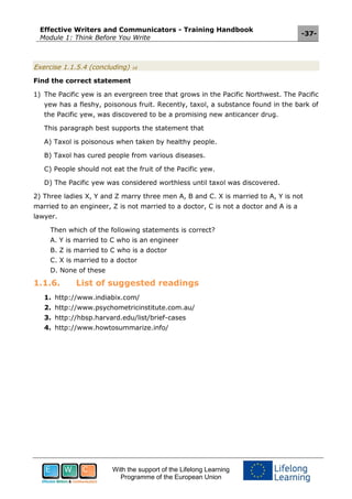 Effective Writers and Communicators - Training Handbook
Module 1: Think Before You Write
-37-
With the support of the Lifelong Learning
Programme of the European Union
Exercise 1.1.5.4 (concluding) 16
Find the correct statement
1) The Pacific yew is an evergreen tree that grows in the Pacific Northwest. The Pacific
yew has a fleshy, poisonous fruit. Recently, taxol, a substance found in the bark of
the Pacific yew, was discovered to be a promising new anticancer drug.
This paragraph best supports the statement that
A) Taxol is poisonous when taken by healthy people.
B) Taxol has cured people from various diseases.
C) People should not eat the fruit of the Pacific yew.
D) The Pacific yew was considered worthless until taxol was discovered.
2) Three ladies X, Y and Z marry three men A, B and C. X is married to A, Y is not
married to an engineer, Z is not married to a doctor, C is not a doctor and A is a
lawyer.
Then which of the following statements is correct?
A. Y is married to C who is an engineer
B. Z is married to C who is a doctor
C. X is married to a doctor
D. None of these
1.1.6. List of suggested readings
1. http://www.indiabix.com/
2. http://www.psychometricinstitute.com.au/
3. http://hbsp.harvard.edu/list/brief-cases
4. http://www.howtosummarize.info/
 