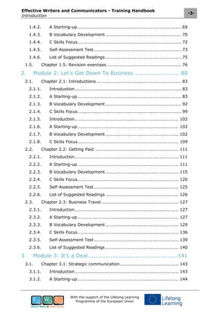 Effective Writers and Communicators - Training Handbook
Introduction
-3-
With the support of the Lifelong Learning
Programme of the European Union
1.4.2. A Starting-up ....................................................................... 69
1.4.3. B Vocabulary Development .................................................... 70
1.4.4. C Skills Focus....................................................................... 72
1.4.5. Self-Assessment Test............................................................ 73
1.4.6. List of Suggested Readings .................................................... 75
1.5. Chapter 1.5: Revision exercises ................................................... 76
2. Module 2: Let’s Get Down To Business........................ 80
2.1. Chapter 2.1: Introductions .......................................................... 83
2.1.1. Introduction......................................................................... 83
2.1.2. A Starting-up ....................................................................... 83
2.1.3. B Vocabulary Development .................................................... 92
2.1.4. C Skills Focus....................................................................... 99
2.1.5. Introduction....................................................................... 102
2.1.6. A Starting-up ..................................................................... 102
2.1.7. B Vocabulary Development .................................................. 102
2.1.8. C Skills Focus..................................................................... 109
2.2. Chapter 2.2: Getting Paid ......................................................... 111
2.2.1. Introduction....................................................................... 111
2.2.2. A Starting-up ..................................................................... 111
2.2.3. B Vocabulary Development .................................................. 115
2.2.4. C Skills Focus..................................................................... 120
2.2.5. Self-Assessment Test.......................................................... 125
2.2.6. List of Suggested Readings .................................................. 126
2.3. Chapter 2.3: Business Travel..................................................... 127
2.3.1. Introduction....................................................................... 127
2.3.2. A Starting-up ..................................................................... 127
2.3.3. B Vocabulary Development .................................................. 129
2.3.4. C Skills Focus..................................................................... 136
2.3.5. Self-Assessment Test.......................................................... 139
2.3.6. List of Suggested Readings .................................................. 140
3. Module 3: It’s a Deal...............................................141
3.1. Chapter 3.1: Strategic communication........................................ 143
3.1.1. Introduction....................................................................... 143
3.1.2. A Starting-up ..................................................................... 144
 