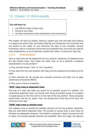 Effective Writers and Communicators - Training Handbook
Module 1: Think Before You Write
-39-
With the support of the Lifelong Learning
Programme of the European Union
1.2. Chapter 1.2: Write Logically
You will learn to:
 Use different types of logic trees
 Structure your ideas
 Use logic frameworks (write introductions and conclusions)
This chapter will help you predict, checking, support your text with data and evidence
in a logical and critical order and finally preparing and introduction and conclusion that
will present to the reader of your document the logic of your thoughts. Several
frameworks used in a business environment are presented here, since they are used by
many professionals, so as to help them present their ideas in a structural, logic way
1.2.1. Introduction
Issue or logic trees can be categorized into two, general, categories: (i) diagnosis trees
and (ii) solution trees. They follow four basic rules so as to describe a graphical
representation of a key problem17
.
1) They normally answer “why” or “how” questions
2) They start from the main question (left side) and they expand to the analysis (to the
right)
3) Their branches do not overlap (are mutually exclusive) and there are no gaps
(collectively exhaustive) (MECE)
4) They use an intuitive breakdown
“WHY” logic trees or diagnostic trees
This type of a logic tree helps you search for all possible causes of a problem. For
constructing diagnostic trees, one should start listing all possible causes of a problem
in logical groups on the first column to the right of the key problem. These groupings
should follow rule No (3), above. Then, the construction of the rest of the issue tree
continues to the right.
“HOW” logic trees or solution trees
This category aims to identify the possible solutions for the key problem. Generally,
they are used before diagnostic trees. The process of issuing trees is done when all
elements are adequately analyzed. The problem is analyzed in depth (moving from left
to right) until several possible solutions are identified. After this stage, the decision
 