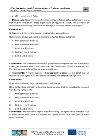 Effective Writers and Communicators - Training Handbook
Module 1: Think Before You Write
-45-
With the support of the Lifelong Learning
Programme of the European Union
 (E) If both I and II follow.
1) Statements: Governments and politicians may influence policy outcomes in ways
that involve little or no direct expenditure or regulatory action. The provision of
information by itself may sometimes be enough to influence desired outcomes.21
Conclusions:
I) Government intervention in policy making takes various forms.
II) Politicians always use public speeches to influence desired outcomes.
A. Only conclusion I follows
B. Only conclusion II follows
C. Either I or II follows
D. Neither I nor II follows
E. Both I and II follow
Explanation: The statement implies that governments and politicians can affect policy
making with various ways. Public speeches can influence desired policy outcomes, but
they are not used only for this purpose by politicians.
2) Statements: A rights business ethics approach is based on the belief that all
individuals have rights in life and should be treated with respect and dignity.22
Conclusions:
I) All individuals are respected and treated with dignity.
II) A rights ethics approach in business takes as given that no individual is excluded
from having rights in life.
A. Only conclusion I follows
B. Only conclusion II follows
C. Either I or II follows
D. Neither I nor II follows
E. Both I and II follow
Explanation: The statement implies that those using the rights ethics approach take
as given human rights and that respect and dignity should be a main priority when
doing business.
 