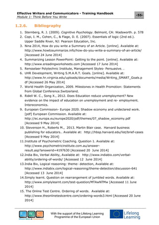 Effective Writers and Communicators - Training Handbook
Module 1: Think Before You Write
-55-
With the support of the Lifelong Learning
Programme of the European Union
1.2.6. Bibliography
1. Sternberg, R. J. (2009). Cognitive Psychology. Belmont, CA: Wadsworth. p. 578
2. Copi, I. M., Cohen, C., & Flage, D. E. (2007). Essentials of logic (2nd ed.).
Upper Saddle River, NJ: Pearson Education, Inc.
3. Nina 2014, How do you write a Summary of an Article. [online]. Available at:
http://www.howtosummarize.info/how-do-you-write-a-summary-of-an-article/
[Accessed 24 June 2014]
4. Summarizing Lesson PowerPoint: Getting to the point. [online]. Available at:
http://www.ereadingworksheets.com [Accessed 17 June 2014]
5. Rensselaer Polytechnic Institute, Management Styles- Persuasive. .
6. UHR Development, Writing S.M.A.R.T. Goals. [online]. Available at:
http://www.hr.virginia.edu/uploads/documents/media/Writing_SMART_Goals.p
df [Accessed 26 May 2014]
7. World Health Organization, 2009. Milestones in Health Promotion: Statements
from Global Conference.Switzerland.
8. Ridell W. C., Song X., 2012. Does Education reduce unemployment? New
evidence on the impact of education on unemployment and re- employment.
Intereconomics.
9. European Commission- Europe 2020. Shadow economy and undeclared work.
[pdf] European Commission. Available at:
http://ec.europa.eu/europe2020/pdf/themes/07_shadow_economy.pdf
[Accessed 9 May 2014]
10. Stevenson H., Roberts M., 2013. Martin Blair case. Harvard business
publishing for educators.. Available at: http://hbsp.harvard.edu/list/brief-cases
[Accessed 9 May 2014]
11.Institute of Psychometric Coaching. Question 1. Available at:
http://www.psychometricinstitute.com.au/answer-
result.asp?answerid=4197630 [Accessed 20 June 2014]
12.India Bix, Verbal Ability, Available at: http://www.indiabix.com/verbal-
ability/ordering-of-words/ [Accessed 12 June 2014]
13.India Bix, Logical reasoning: theme- detection, Available at:
http://www.indiabix.com/logical-reasoning/theme-detection/discussion-641
[Accessed 13 June 2014]
14.Simply learnt. Question on rearrangement of jumbled words. Available at:
http://www.simplylearnt.com/test-question/MTAwNTMw [Accessed 11 June
2014]
15. The Online Test Centre. Ordering of words. Available at:
http://www.theonlinetestcentre.com/ordering-words3.html [Accessed 20 June
2014]
 