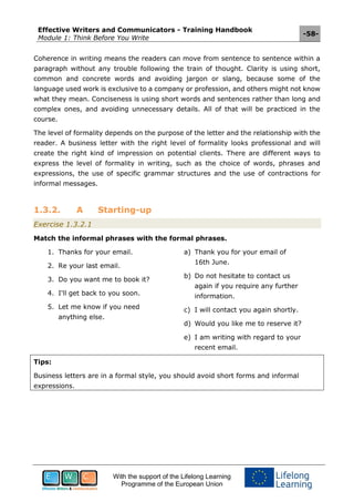 Effective Writers and Communicators - Training Handbook
Module 1: Think Before You Write
-58-
With the support of the Lifelong Learning
Programme of the European Union
Coherence in writing means the readers can move from sentence to sentence within a
paragraph without any trouble following the train of thought. Clarity is using short,
common and concrete words and avoiding jargon or slang, because some of the
language used work is exclusive to a company or profession, and others might not know
what they mean. Conciseness is using short words and sentences rather than long and
complex ones, and avoiding unnecessary details. All of that will be practiced in the
course.
The level of formality depends on the purpose of the letter and the relationship with the
reader. A business letter with the right level of formality looks professional and will
create the right kind of impression on potential clients. There are different ways to
express the level of formality in writing, such as the choice of words, phrases and
expressions, the use of specific grammar structures and the use of contractions for
informal messages.
1.3.2. A Starting-up
Exercise 1.3.2.1
Match the informal phrases with the formal phrases.
1. Thanks for your email.
2. Re your last email.
3. Do you want me to book it?
4. I'll get back to you soon.
5. Let me know if you need
anything else.
a) Thank you for your email of
16th June.
b) Do not hesitate to contact us
again if you require any further
information.
c) I will contact you again shortly.
d) Would you like me to reserve it?
e) I am writing with regard to your
recent email.
Tips:
Business letters are in a formal style, you should avoid short forms and informal
expressions.
 