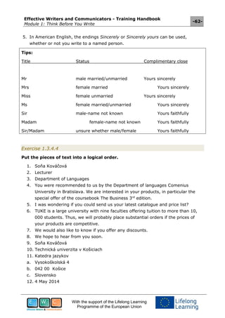 Effective Writers and Communicators - Training Handbook
Module 1: Think Before You Write
-62-
With the support of the Lifelong Learning
Programme of the European Union
5. In American English, the endings Sincerely or Sincerely yours can be used,
whether or not you write to a named person.
Tips:
Title Status Complimentary close
Mr male married/unmarried Yours sincerely
Mrs female married Yours sincerely
Miss female unmarried Yours sincerely
Ms female married/unmarried Yours sincerely
Sir male-name not known Yours faithfully
Madam female-name not known Yours faithfully
Sir/Madam unsure whether male/female Yours faithfully
Exercise 1.3.4.4
Put the pieces of text into a logical order.
1. Soňa Kováčová
2. Lecturer
3. Department of Languages
4. You were recommended to us by the Department of languages Comenius
University in Bratislava. We are interested in your products, in particular the
special offer of the coursebook The Business 3rd
edition.
5. I was wondering if you could send us your latest catalogue and price list?
6. TUKE is a large university with nine faculties offering tuition to more than 10,
000 students. Thus, we will probably place substantial orders if the prices of
your products are competitive.
7. We would also like to know if you offer any discounts.
8. We hope to hear from you soon.
9. Soňa Kováčová
10. Technická univerzita v Košiciach
11. Katedra jazykov
a. Vysokoškolská 4
b. 042 00 Košice
c. Slovensko
12. 4 May 2014
 