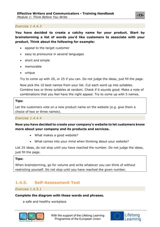 Effective Writers and Communicators - Training Handbook
Module 1: Think Before You Write
-73-
With the support of the Lifelong Learning
Programme of the European Union
Exercise 1.4.4.3
You have decided to create a catchy name for your product. Start by
brainstorming a list of words you'd like customers to associate with your
product. Think about the following for example:
 appeal to the target customer
 easy to pronounce in several languages
 short and simple
 memorable
 unique
Try to come up with 20, or 25 if you can. Do not judge the ideas, just fill the page.
Now pick the 10 best names from your list. Cut each word up into syllables.
Combine two or three syllables at random. Check if it sounds good. Make a note of
combinations that you feel have the right appeal. Try to come up with 5 names.
Tips:
Let the customers vote on a new product name on the website (e.g. give them a
choice of two or three names).
Exercise 1.4.4.4
Now you have decided to create your company’s website to let customers know
more about your company and its products and services.
 What makes a good website?
 What comes into your mind when thinking about your website?
List 25 ideas, do not stop until you have reached the number. Do not judge the ideas,
just fill the page.
Tips:
When brainstorming, go for volume and write whatever you can think of without
restricting yourself. Do not stop until you have reached the given number.
1.4.5. Self-Assessment Test
Exercise 1.4.5.1
Complete the diagram with these words and phrases.
a safe and healthy workplace
 