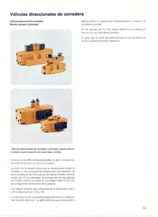 Valvulas direccionales de corredera
Vcllvuladireccional de corredera
Mando indirecto (pilotadas)
,.
,,
Vd/vu/as direcciona/es de corredera, pilotadas, mando e/ectro-
hidrdu/ico para conexion por p/aca base y bridas
Valvulas de tamanos nominales grandes, es decir, con gran ca-
pacidad hidraulica (= p x Q) son pilotadas.
La razdn es la elevada fuerza que se necesita para mover la
corredera y las consiguientes dimensiones que tendrlan los
electroimanes. Es por ello que lasvalvulasde tamaf'onominal
mayor que 10 son pilotadas. Una excepci6n son las valvulas
con mando directo por palanca, que lIeganhasta TN 32, con
lasconsiguientesdimensionesde la palanca.
Una valvula pilotada esta compuesta de la valvulaprincipal 1
y de lavalvulapiloto 2 (Fig. 14).
La valvulapiloto es comandada generalmente por un electroi-
man (mando electrico). La senal electrica que actua sobre la
valvula piloto es amplificada hidraulicamente y mueve a la
corredera principal.
En las valvulas de TN 102 (hasta 7000 I/min) la valvula pi-
loto es a su vez una valvulapilotada.
En este caso la raz6n del doble pilotaje no son lasfuerzas si-
no los caudales de mando necesarios.
103
 