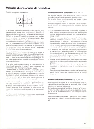 Valvulas direccionales de corredera
Posici6ncentral de lavalvulapiloto:
(x) P T (y)
Si se exita al electroiman derecho de la valvula piloto, la co-
rredera piloto se movera hacia la izquierda. Lacamara 6 que-
da comunicada con la presi6n y la camara 7 es descomprimi-
da hacia el tanque. El casquillo de centraje 8 esta apoyado
contra la carcasa y el vastago de centraje 9 empuja a la co-
rredera hacia laderecha hasta el tope.
Los resortes en las camaras 6 y 7 estan previstos para mante-
ner a la corredera en su posici6n central cuando la valvula
esta montada verticalmente. AI desexitar al electroiman, la
corredera piloto retorna a su posici6n central y la camara 7
es comunicada nuevamente con la presi6n.
La superficie 3 de lacorredera es mayor que la del vastago de
centraje 8. La corredera principal se movera hacia la izquier-
da hasta que el canto 10 se apoye sobre el casquillo de cen-
traje. La suma de lassuperficiesde casquillo y vastago es ma-
yor que la superficie de lacorredera, quedando esta detenida
en su posici6n central.
Si se exita al electroiman izquierdo, la corredera piloto se
movera hacia la derecha. Lacamara 7 queda comunicada con
lapresi6n y la 6 es descomprimiga hacia el tanque.
La presi6n sobre la superficie 3 mueve a la corredera princi-
pal hacia la izquierda hasta que el vastago de centraje 9 toque
la tapa. El casquillo 8 tambien es desplazado. La posici6n
deseada en la valvulase ha logrado. AI desexitar al electroi-
man, la corredera piloto vuelve a su posici6n central y la
camara6 es comunicada nuevamente con la presi6n.
La suma de las superficies de casquillo 8 y vastago 9, es ma-
yor que la superficie 3 de la corredera y esta se mueve hacia
la derecha hasta que el casquillo se apoya contra la carcasa.
Ahora la superficie 3 de la corredera es mayor que la del
vastago 9 y la corredera queda detenida en su posici6n cen-
tral.
Para descomprimir la camara entre corredera y casquillo esta
previstalaconexi6n necesaria L (violetaJ.
Alimentacioninternade fluido piloto (Fig. 15, Pos. 12)
En este caso el fluido piloto se obtiene del canal P y por una
conexi6n interna (rojo) se abastece a la valvulapiloto.
La coneci6n X debe estar interrumpida y el vastago 11 debe
estar como muestra la figura.
Con el fluido piloto interno no se necesita un circuito de pi-
lotaje adicional. Sin embargo se deben considerar algunos
factores:
Si la corredera principal tiene superposici6n negativa 0 si
en la posici6n central el fluido circula (sin presi6n), no se
obtiene la presi6n piloto necesaria para mover a la corre-
dera principal.
Hay que instalar, por ejemplo, una pequef)a valvulade pre-
si6n en el canal P para producir la presi6n previa requerida
para el pilotaje. La conexi6n X esta delante de'la valvula
que abre recien cuando la presi6n piloto es 10suficiente-
mente elevada. Esta soluci6n implica una perdida perma-
nente de presi6n (ver valvula de presi6n previa. Pag. 108).
Si al circuito esta conectado, por ejemplo, un acumulador
se puede producir, en algun momento, un caudal tan gran-
de que puede destruir a la valvula de presi6n previa. Hay
que instalar delante de la valvula, en el canal P, un estran-
gulador (tobera) para reduclr el caudal.
Ademas se debe tener en cuenta que la presi6n maxima de
servicio no sea mayor que la presi6n maxima admisible de
pilotaje. .
En caso constrario, hay que instalar una valvulareductora
de presi6n. La reducci6n requerida en estas valvulases de
1 : 0,66.
Naturalmente se debe observar tambien que la presi6n re-
ducida no sea menor que la presi6n minima de pilotaje
necesaria.
Alimentacionexternade fluido piloto (Fig. 14, Pos. 13).
El fluido piloto se obtiene de un circuito separado cuyas ca-
racterfsticas de presi6n y caudal se acomodan mejor a los re-
querimientos que en el caso anterior.
En lasvalvulasmostradas, el cambio de "interno" a "externo"
o viceversa,se lografacilmente cambiando de posici6n alvasta-
go 11; s610se necesita desmontar la tapa para poder realizar
esta operaci6n.
La posici6n correcta del vastago 11 para fluido piloto externa
se muestra en la figura 14. El vastago interrumpe la conexi6n
a P.
107
 
