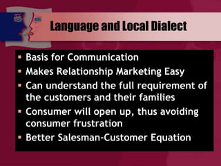 Language and Local Dialect
 Basis for Communication
 Makes Relationship Marketing Easy
 Can understand the full require...