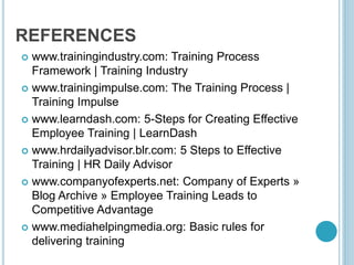 REFERENCES
 www.trainingindustry.com: Training Process
Framework | Training Industry
 www.trainingimpulse.com: The Training Process |
Training Impulse
 www.learndash.com: 5-Steps for Creating Effective
Employee Training | LearnDash
 www.hrdailyadvisor.blr.com: 5 Steps to Effective
Training | HR Daily Advisor
 www.companyofexperts.net: Company of Experts »
Blog Archive » Employee Training Leads to
Competitive Advantage
 www.mediahelpingmedia.org: Basic rules for
delivering training
 