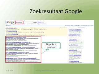 Gebruiksvriendelijkheid (2)Verhoog de gebruiksvriendelijkheid:Korte zinnen en alinea’sDuidelijke opsommingenPakkende koppen en tussenkopjesHeldere menustructuurLagen in de tekst voor snelle en geïnteresseerde lezer (interne links!)Actieve vorm, weinig formeel taalgebruik13-1-2010Training 'Webteksten schrijven'  - HS Zuyd