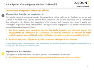 1.4 Catégories d’avantages postérieurs à l’emploi
Régimes dits « financés » ou « capitalisés » :
L’entreprise souscrit un contrat auprès d’un organisme qui va collecter les fonds et les verser aux
salariés le moment venu. Cela lui permet de se constituer une réserve pour faire face au paiement
des indemnités de départ. Cet organisme n’est engagé qu’à hauteur des fonds investis par
l’entreprise augmentés de leur rendement. L’entreprise reste engagée vis-à-vis de ses salariés sur les
montants non garantis par le fonds.
 Les fonds versés sont considérés comme des actifs financiers qui viennent couvrir les
engagements de l’entreprise  La provision au bilan est diminuée du montant de l’actif
évalué à sa juste valeur. Si l’actif excède l’obligation, l’excédent est alors comptabilisé à l’actif.
 Provision Retraite = Obligation – Actif de couverture = Obligation non financée.
Ce type de contrat est courant dans les pays anglo-saxons, où les plans de pension sont généralement financés à
plus de 70% afin de rassurer sur leur liquidité.
Régimes dits « non financés » :
L’entreprise supporte seule les risques et garantit l’ensemble des prestations.
 La provision au bilan correspond à l’engagement de l’entreprise envers ses salariés.
Deux natures de régimes à prestations définies
10
1
2
 