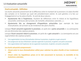 1.5 Evaluation actuarielle
Ecarts actuariels - Définition
Les écarts actuariels proviennent de la différence entre le montant de la provision à la date d’arrêté
des comptes et le montant qui avait été précédemment estimé. Ils sont générés à la fois sur
l’engagement et sur les plans d’actifs. Ils sont de deux natures :
 Ajustements liés à l’expérience, résultant de différences entre le réalisé et les hypothèses
actuarielles antérieures (de turnover, de mortalité, d’évolutions salariales…) ;
 Ajustements liés au changement d’hypothèses actuarielles (par exemple du taux
d’actualisation, de turnover ou de rendement des plans d’actifs).
Lorsque l’écart actuariel augmente la provision, on parle de « perte actuarielle ». La contrepartie
est une diminution des capitaux propres.
Lorsque l’écart actuariel réduit la provision, on parle de « gain actuariel ». La contrepartie est une
augmentation des capitaux propres.
 Une augmentation du taux d’actualisation diminue la provision, et génère un gain actuariel
 Une progression du taux d’évolution salariale augmente la provision, et génère une perte actuarielle
 Une augmentation de l’espérance de vie augmente la provision, et génère une perte actuarielle
Les écarts actuariels comprennent :
 L’écart entre le taux d’actualisation utilisé pour valoriser les plans d’actifs et leur rendement
réel.
 L’écart entre les hypothèses prises et le réel concernant le turnover, la mortalité et les
évolutions salariales.
19
 