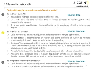 1.5 Evaluation actuarielle
Trois méthodes de reconnaissance de l’écart actuariel
1
2
La méthode du SoRIE
 Il s’agit de la méthode obligatoire dans le référentiel IFRS.
 Les écarts actuariels sont reconnus dans les autres éléments du résultat global (other
comprehensive income).
 Ils ne sont jamais recyclables en résultat, même en cas de variation de périmètre ou fermeture
de plan.
La méthode du Corridor
 Cette méthode est autorisée uniquement dans le référentiel français (optionnelle).
 Il s’agit d’étaler la reconnaissance en résultat des écarts actuariels, en suivant de manière
extra-comptable le stock d’écart actuariel restant à reconnaître.
 Ce stock d’écarts actuariels différés est amorti par résultat sur la base du montant supérieur à
l’ouverture de l’exercice à 10 % de la dette actuarielle, ou à 10 % de la juste valeur des actifs
lorsque ceux-ci sont supérieurs à la dette.
 Permet d’éviter la volatilité du résultat lié aux changements d’hypothèses actuarielles.
 A l’origine d’une distorsion entre le montant de provision retraite dans les comptes sociaux et
dans les comptes IFRS puisque les écarts actuariels ne sont pas constatés en totalité.
La comptabilisation directe en résultat
 Cette méthode est autorisée uniquement dans le référentiel français (optionnelle).
 Les écarts actuariels sont constatés immédiatement et dans leur intégralité en résultat. 20
3
Normes IFRS
Normes françaises
Normes françaises
 