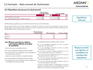 3.2 Exemple – Note annexe de Technicolor
40
Hypothèses
retenues
Risques associés
aux régimes, et
sensibilité à la
variation des
hypothèses
 