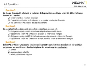 4.1 Questions
53
La charge (le produit) relative à la variation de la provision constituée selon IAS 19 Révisée dans
l’année est classée :
 Entièrement en résultat financier
 En partie en résultat opérationnel et en partie en résultat financier
 IAS 19 Révisée ne précise pas ce classement
Question 5
Selon IAS 19 Révisée, les écarts actuariels doivent être comptabilisés directement par capitaux
propres en autres éléments du résultat global. Ils seront recyclés en résultat :
 Jamais
 Au départ des salariés
 A la liquidation du régime
Question 7
La comptabilisation des écarts actuariels en capitaux propres est :
 Obligatoire selon IAS 19 Révisée et selon le référentiel français
 Optionnelle selon IAS 19 Révisée et selon le référentiel français
 Obligatoire selon IAS 19 Révisée et non permise selon le référentiel français
 Optionnelle selon IAS 19 Révisée et non permise selon le référentiel français
Question 6
 