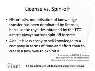 License vs. Spin-off
• Historically, monetisation of knowledge
  transfer has been dominated by licenses,
  because the royalties obtained by the TTO
  almost always surpass spin-off income
• Also, it is less costly to sell knowledge to a
  company in terms of time and effort than to
  create a new way to exploit it
                                          Sources: Vendrell (2008), Transfer of
                                        knowledge from the lab to the market:
                                  The idiosyncrasy of academic entrepreneurs.

            1.1 From Research Lab to market and private funding
 