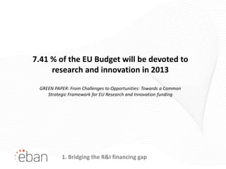 7.41 % of the EU Budget will be devoted to
     research and innovation in 2013

 GREEN PAPER: From Challenges to Opportunities: Towards a Common
    Strategic Framework for EU Research and Innovation funding




          1. Bridging the R&I financing gap
 