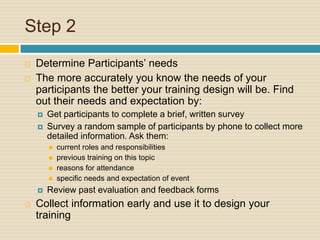 Step 2Determine Participants’ needsThe more accurately you know the needs of your participants the better your training design will be. Find out their needs and expectation by:Get participants to complete a brief, written surveySurvey a random sample of participants by phone to collect more detailed information. Ask them:current roles and responsibilitiesprevious training on this topicreasons for attendancespecific needs and expectation of eventReview past evaluation and feedback formsCollect information early and use it to design your training