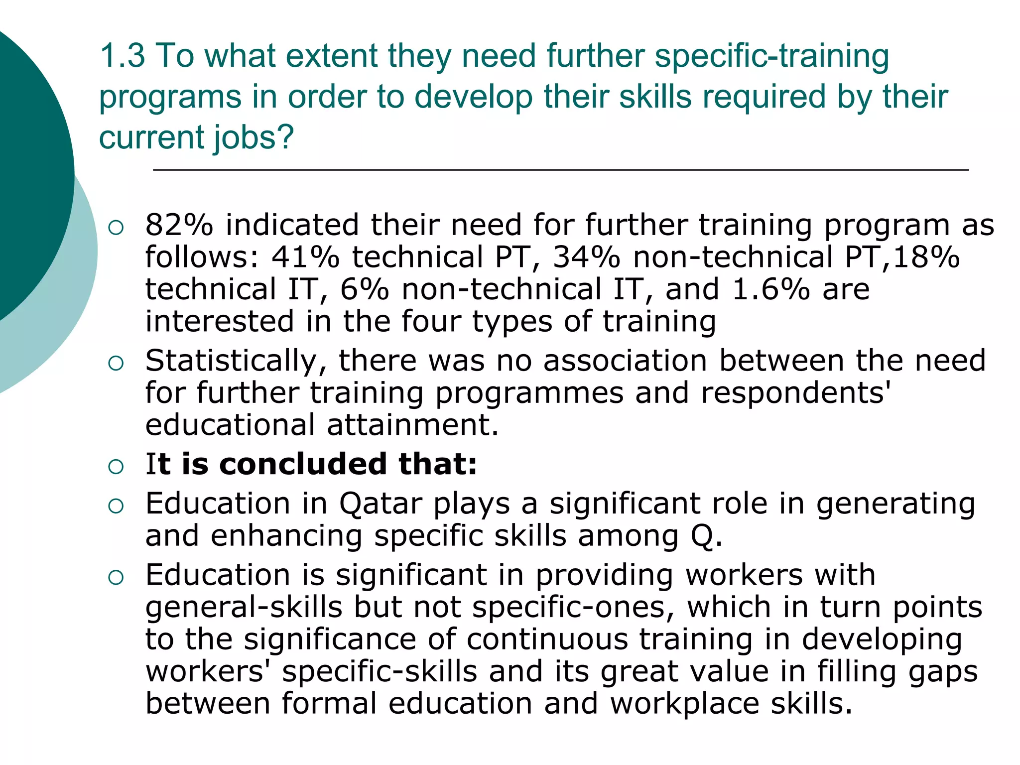1.3 To what extent they need further specific-training
programs in order to develop their skills required by their
current jobs?

   82% indicated their need for further training program as
    follows: 41% technical PT, 34% non-technical PT,18%
    technical IT, 6% non-technical IT, and 1.6% are
    interested in the four types of training
   Statistically, there was no association between the need
    for further training programmes and respondents'
    educational attainment.
   It is concluded that:
   Education in Qatar plays a significant role in generating
    and enhancing specific skills among Q.
   Education is significant in providing workers with
    general-skills but not specific-ones, which in turn points
    to the significance of continuous training in developing
    workers' specific-skills and its great value in filling gaps
    between formal education and workplace skills.
 