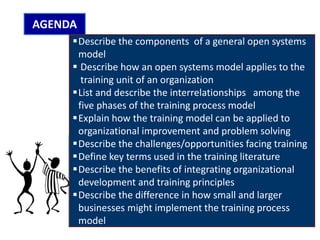 AGENDA
Describe the components of a general open systems
model
 Describe how an open systems model applies to the
training unit of an organization
List and describe the interrelationships among the
five phases of the training process model
Explain how the training model can be applied to
organizational improvement and problem solving
Describe the challenges/opportunities facing training
Define key terms used in the training literature
Describe the benefits of integrating organizational
development and training principles
Describe the difference in how small and larger
businesses might implement the training process
model
 