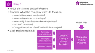 How?
• Focus on training outcome/results
• Examine what the company wants to focus on
• Increased customer satisfaction?
• Increased revenues pr. employee?
• Increased job satisfaction – keep employees?
• Less staff turn-over?
• Changed behaviour of staff and middle-managers?
• Back-track to training:
26 Feb. 2018
Efficient
training –
change
behavior
Training by
external trainers
Training by
internal trainers
Electronic training
Measurable
Training
Outcome
We start here!
 