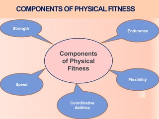 4
COMPONENTS OFPHYSICALFITNESS
Components
of Physical
Fitness
Endurance
Flexibility
Coordinative
Abilities
Strength
Speed
 