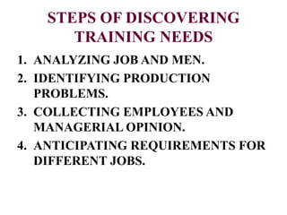 STEPS OF DISCOVERING
TRAINING NEEDS
1. ANALYZING JOB AND MEN.
2. IDENTIFYING PRODUCTION
PROBLEMS.
3. COLLECTING EMPLOYEES AND
MANAGERIAL OPINION.
4. ANTICIPATING REQUIREMENTS FOR
DIFFERENT JOBS.
 