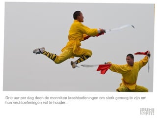 Drie uur per dag doen de monniken krachtoefeningen om sterk genoeg te zijn om hun vechtoefeningen vol te houden.  