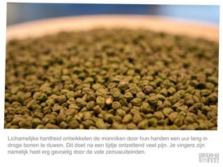 Lichamelijke hardheid ontwikkelen de monniken door hun handen een uur lang in droge bonen te duwen. Dit doet na een tijdje ontzettend veel pijn. Je vingers zijn namelijk heel erg gevoelig door de vele zenuwuiteinden.   