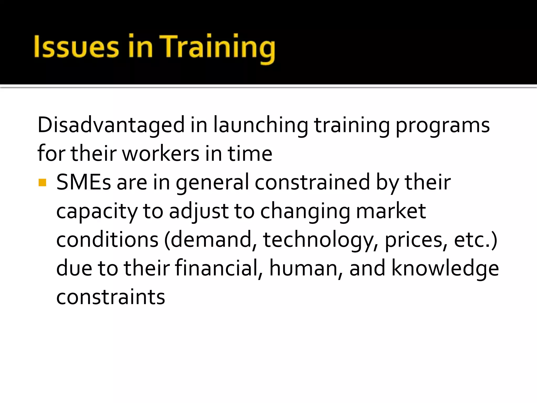 Disadvantaged in launching training programs
for their workers in time
 SMEs are in general constrained by their
capacity to adjust to changing market
conditions (demand, technology, prices, etc.)
due to their financial, human, and knowledge
constraints
 