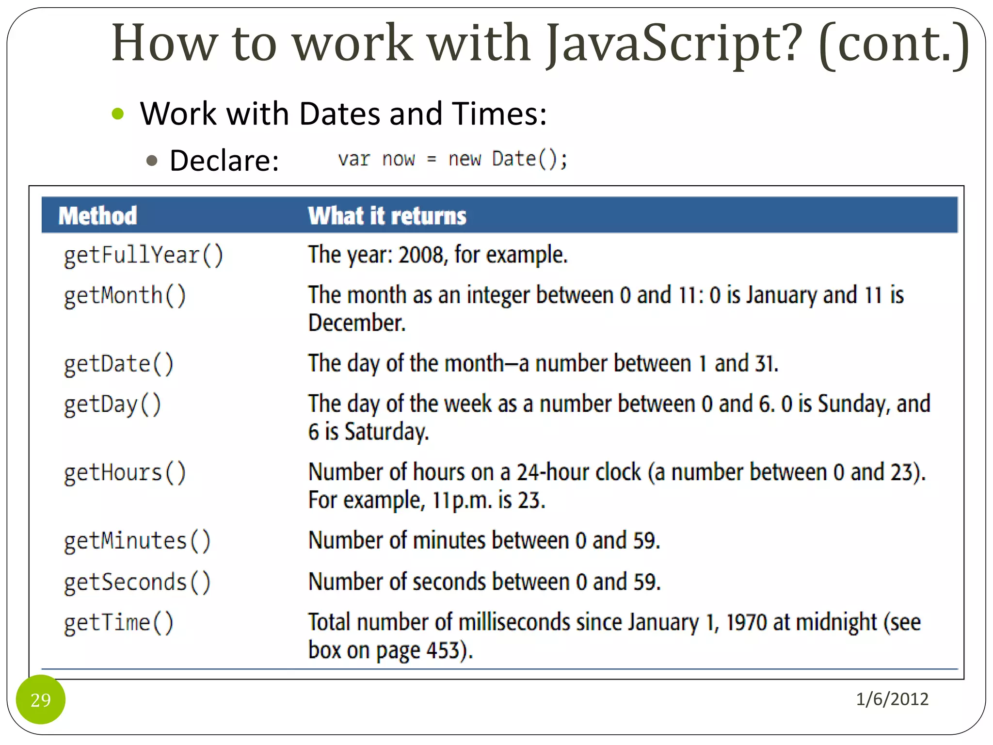 How to work with JavaScript? (cont.)
      Work with Dates and Times:
        Declare:




29                                  1/6/2012
 