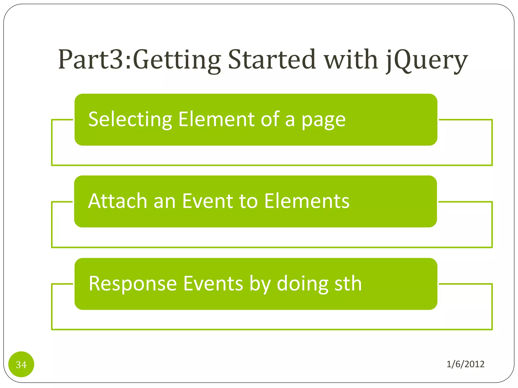 Part3:Getting Started with jQuery

       Selecting Element of a page


       Attach an Event to Elements


       Response Events by doing sth


34                                    1/6/2012
 