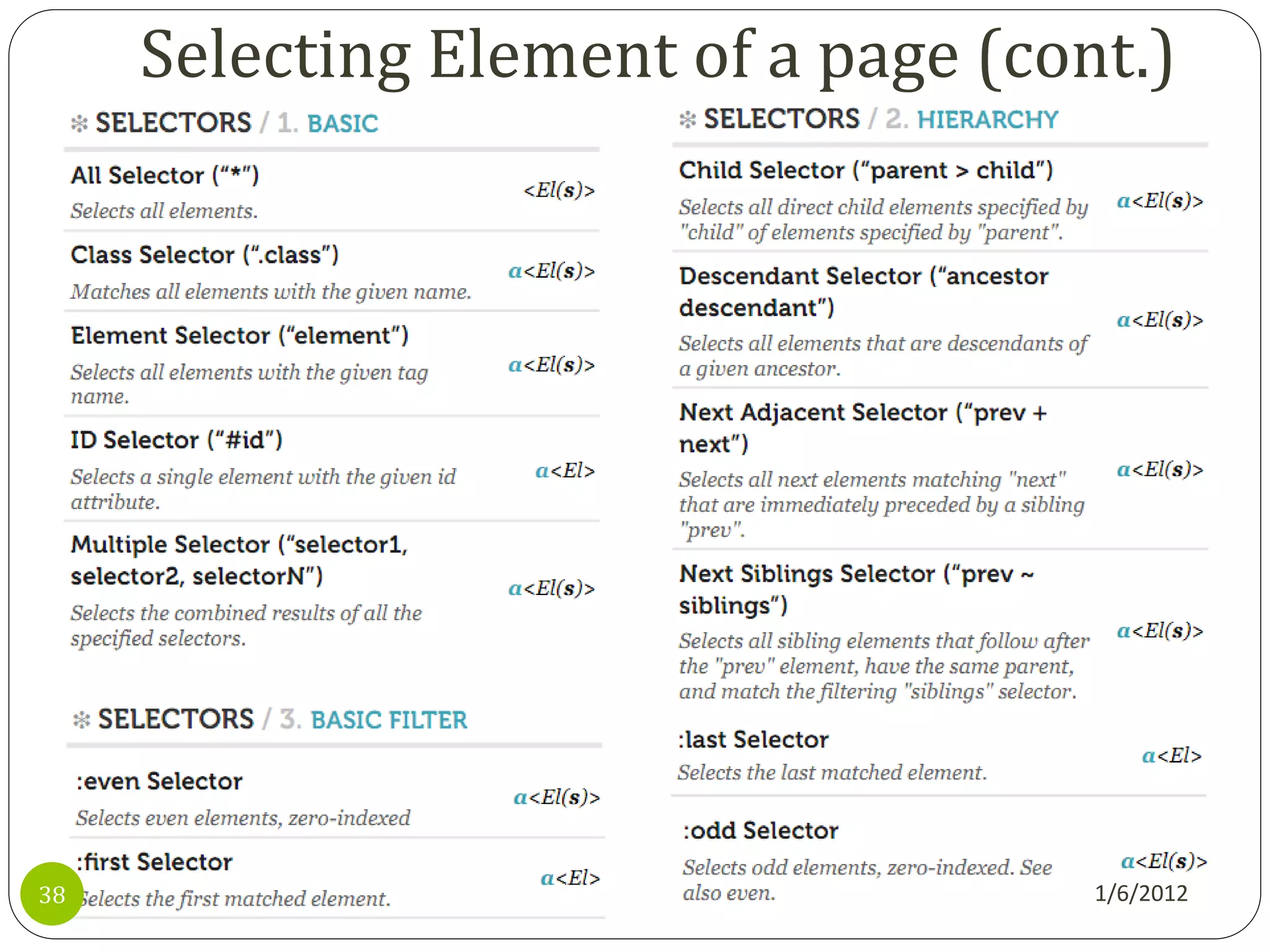 Selecting Element of a page (cont.)




38                                   1/6/2012
 