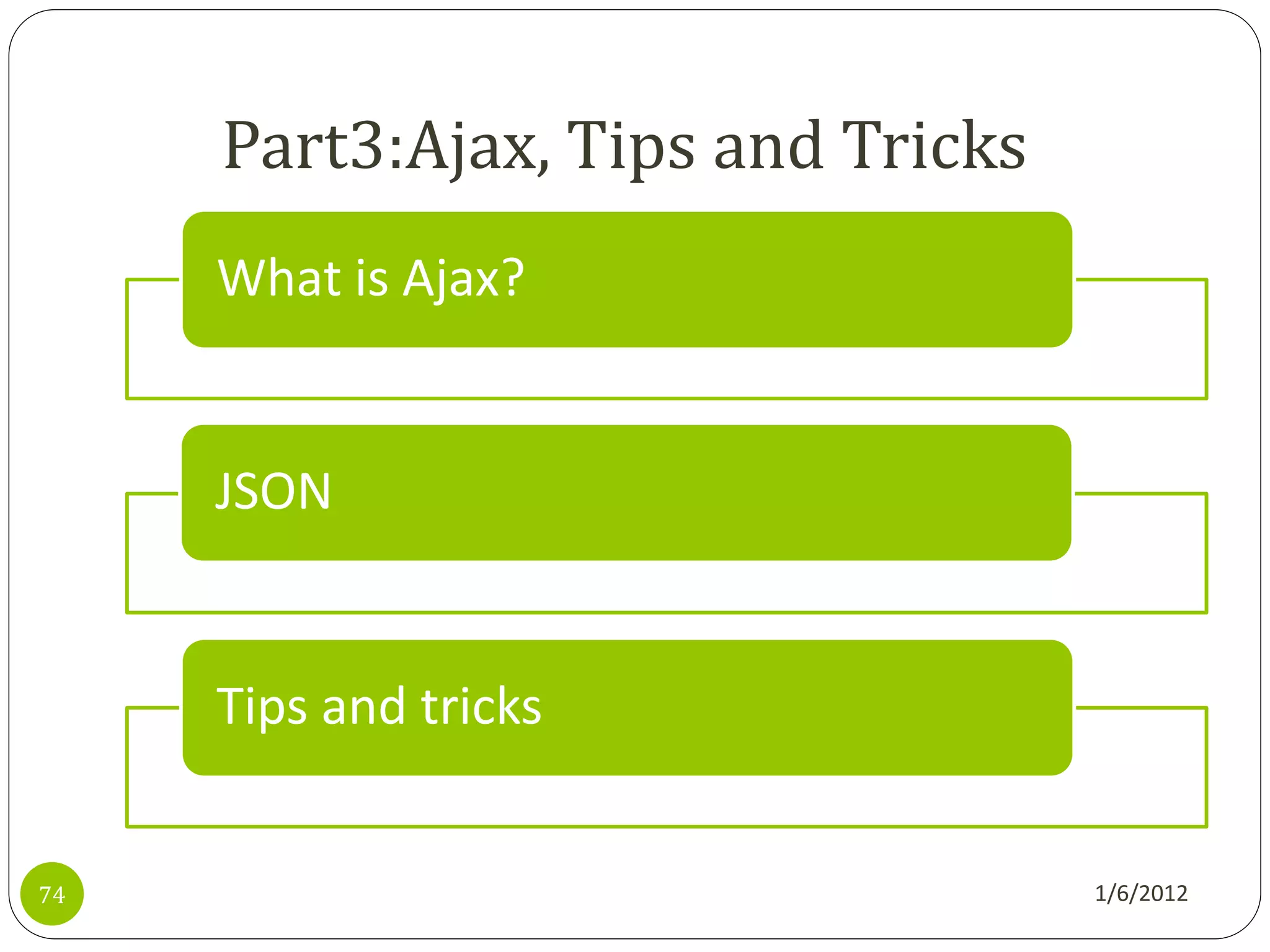 Part3:Ajax, Tips and Tricks
     What is Ajax?


     JSON


     Tips and tricks


74                                 1/6/2012
 