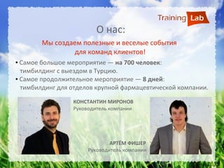 О нас:
        Мы создаем полезные и веселые события
                для команд клиентов!
● Самое большое мероприятие — на 700 человек:
  тимбилдинг с выездом в Турцию.
● Самое продолжительное мероприятие — 8 дней:


  тимбилдинг для отделов крупной фармацевтической компании.

                 КОНСТАНТИН МИРОНОВ
                 Руководитель компании




                              АРТЁМ ФИШЕР
                      Руководитель компании
 